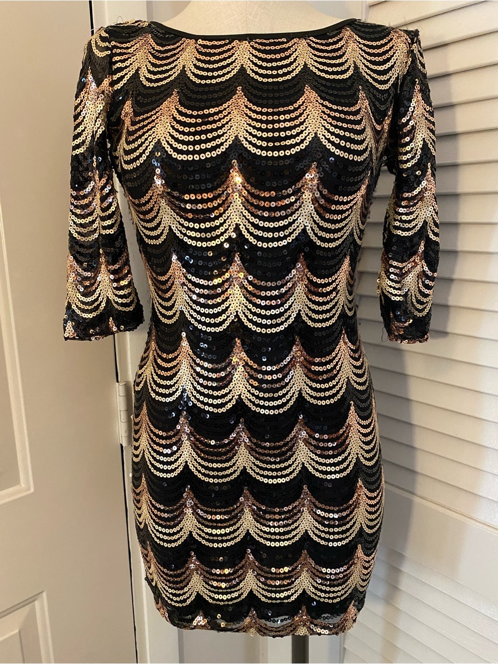 Crystal Doll Black and Rose Gold Sequin Scalloped Mini Dress